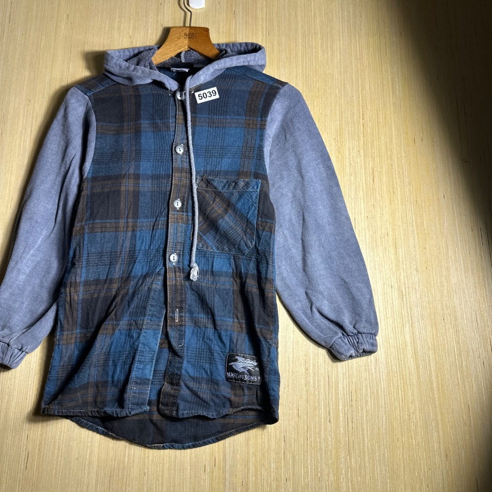 Vintage Maui and Sons Hooded Flannel Shirt Kids Small Blue 90s Plaid Mixed Media - Picture 7 of 12